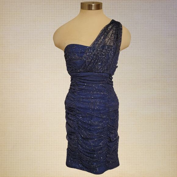 BCX Asymmetric One Shoulder Spakle Ruched Mini Party Cocktail Dress Womens Sz 8 - Picture 1 of 9